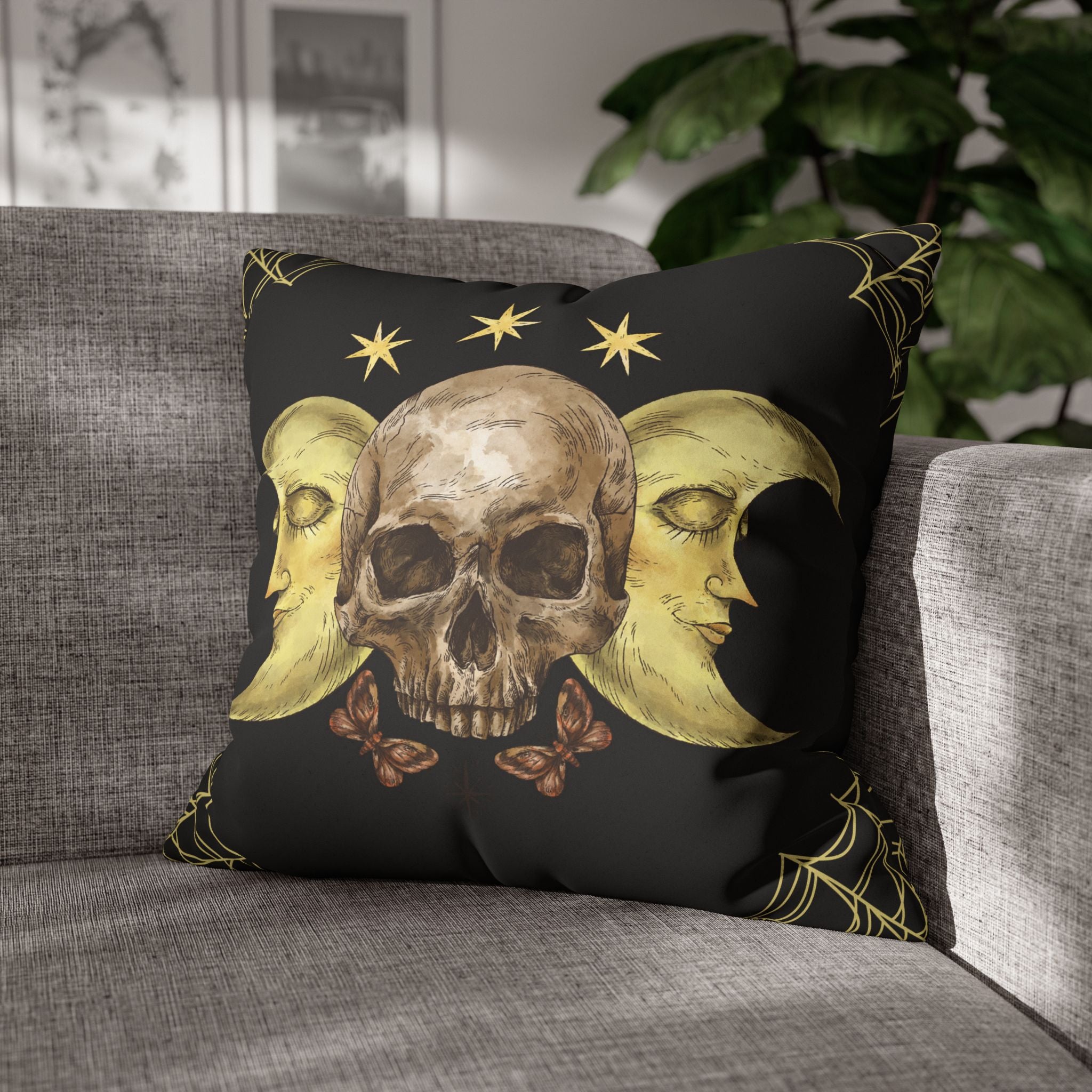 Gothic Moon Skull Throw Pillow — Celestial Dark Home Decor
