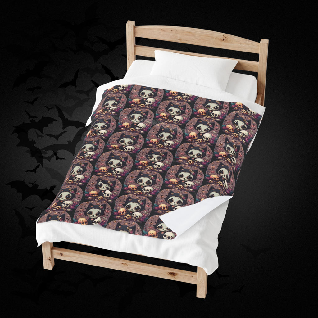 Kawaii Skull Cat Throw Blanket — Creepy Cute Gothic Home Decor