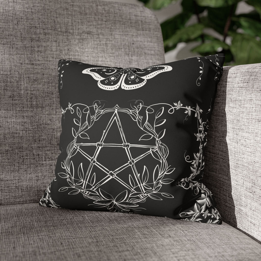 Witchy Moth Pentagram Throw Pillow — Botanical Gothic Dark Home Decor