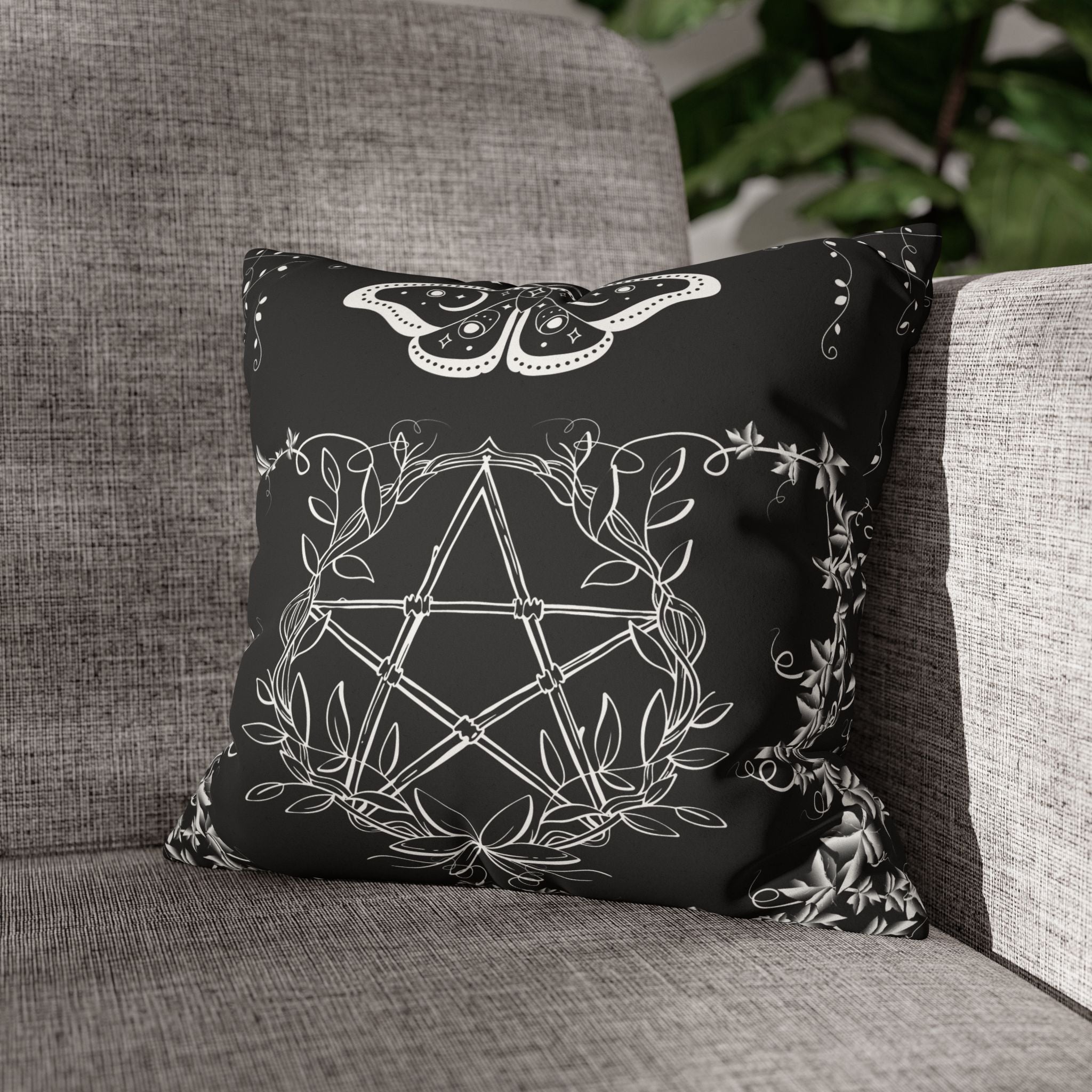 Witchy Moth Pentagram Throw Pillow — Botanical Gothic Dark Home Decor