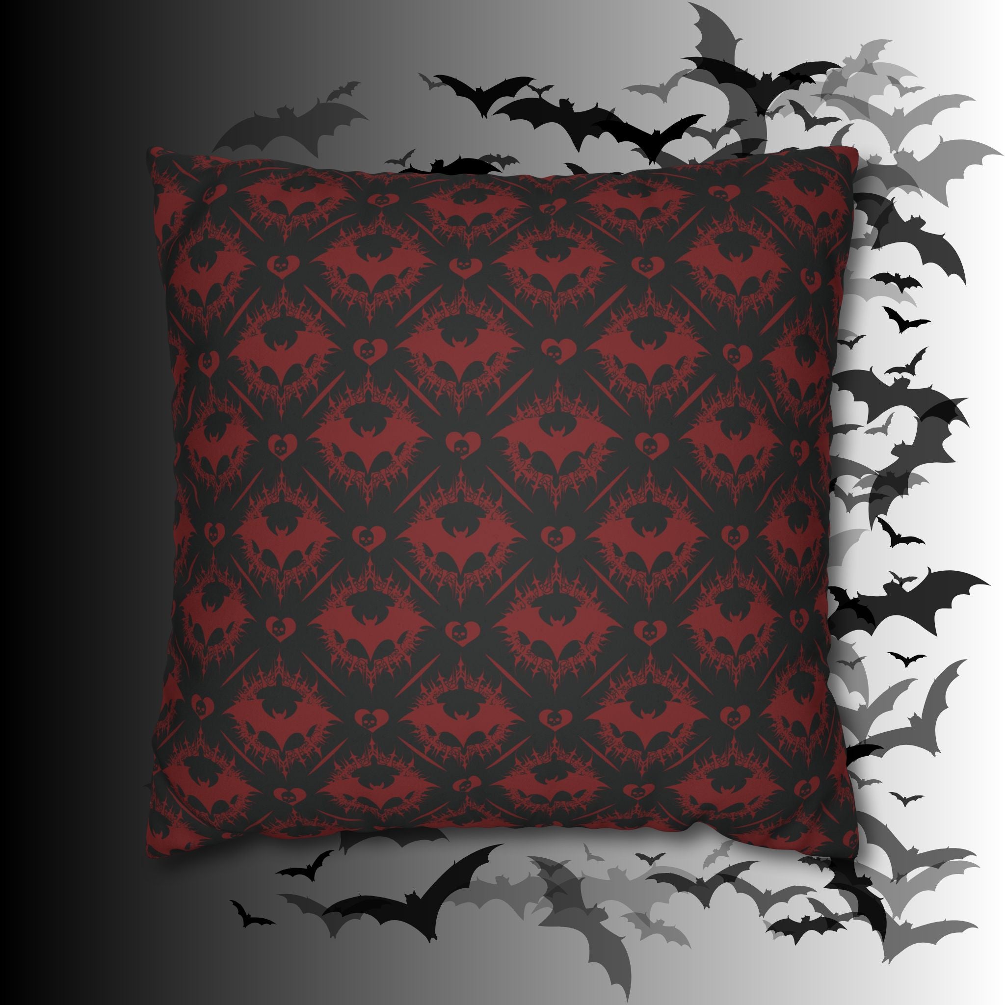 Gothic Bat Diamond Pattern Throw Pillow — Midnight Black Dark Home Decor