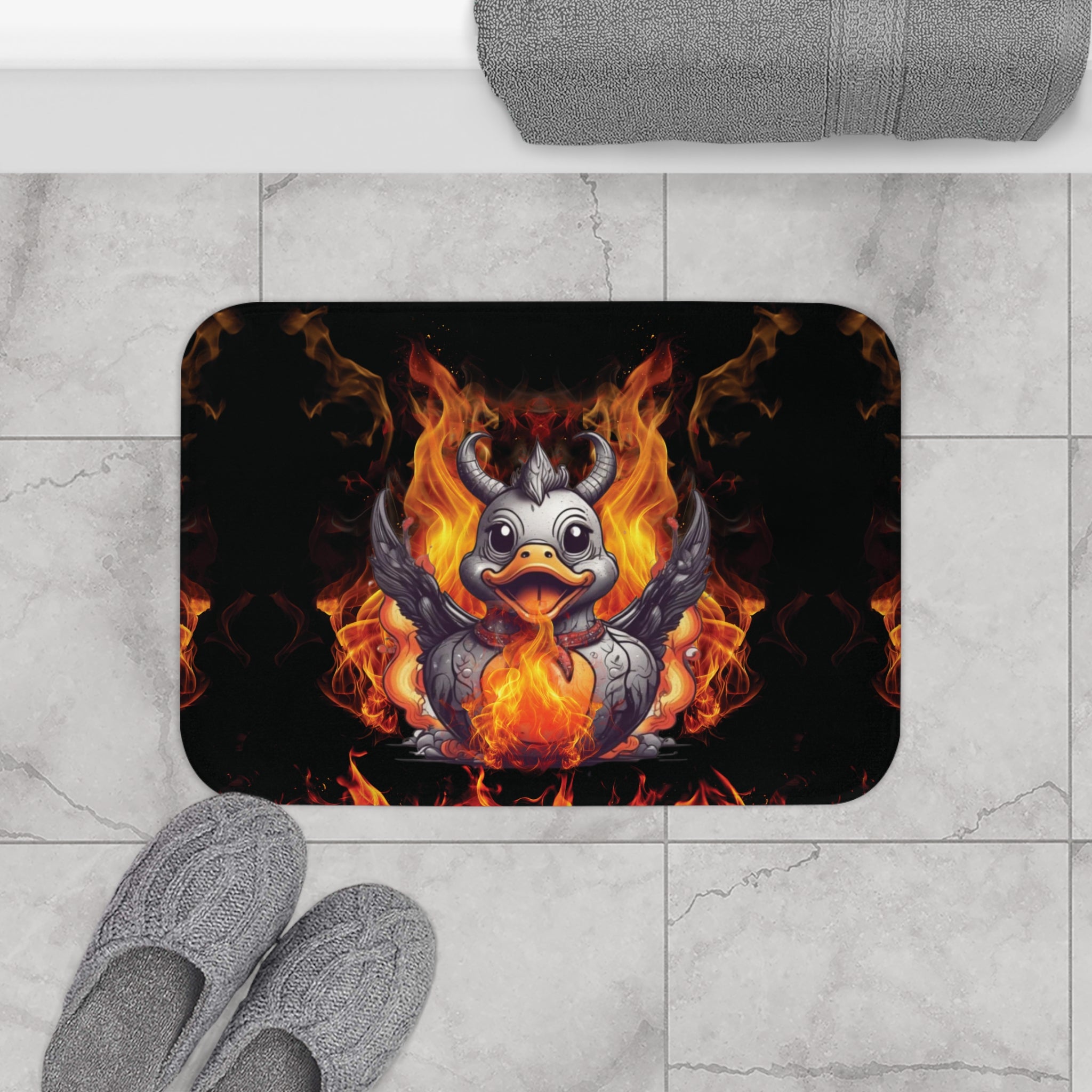 Gothic Fire Duck Bath Mat — Demon Rubber Ducky Dark Bathroom Decor