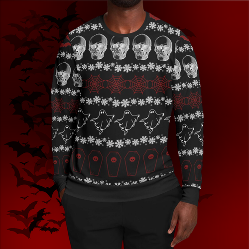 Halloween-themed sweater with skulls, ghosts, and cobwebs on a dark background.