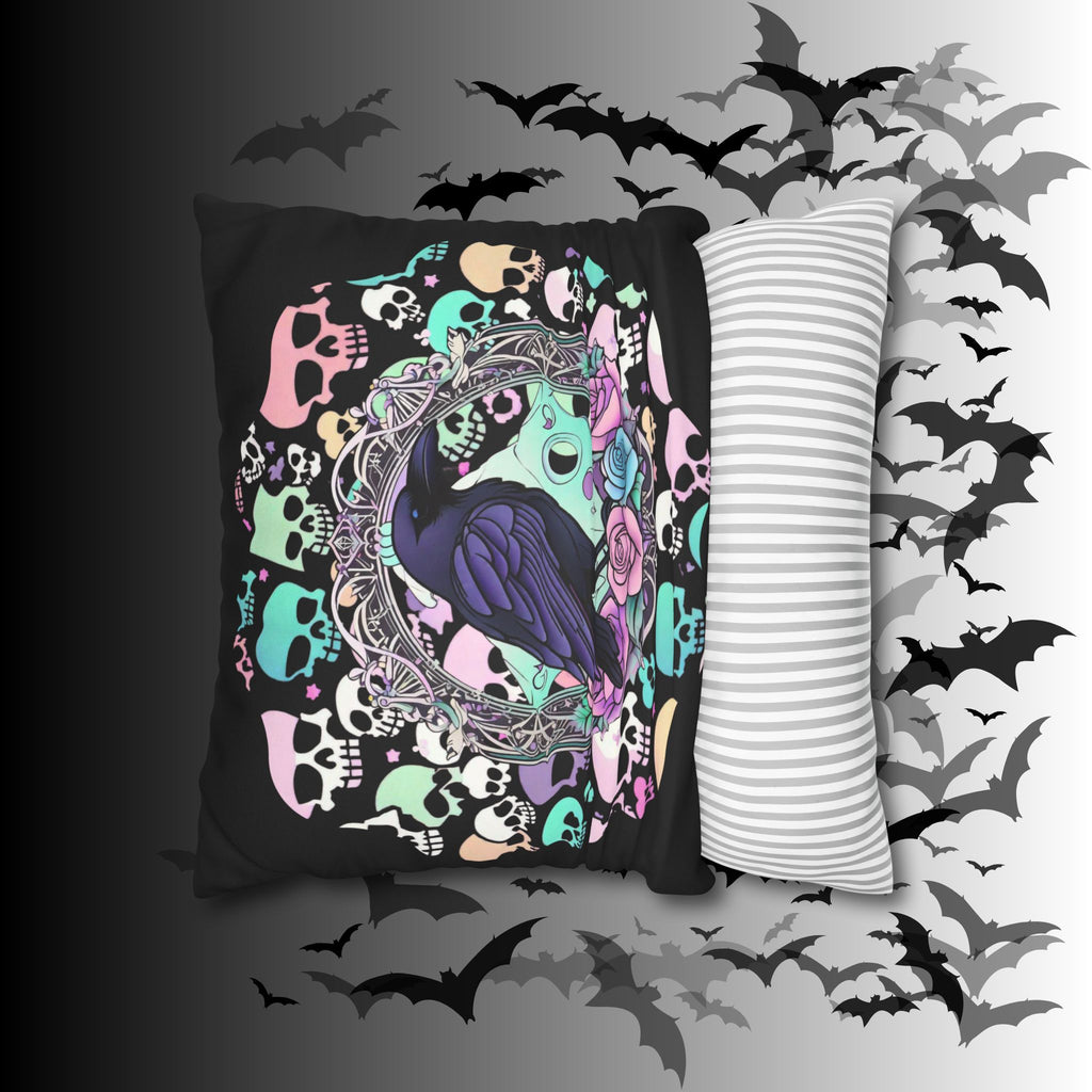 Pastel Goth Raven Skull Throw Pillow — Dark Floral Gothic Home Decor