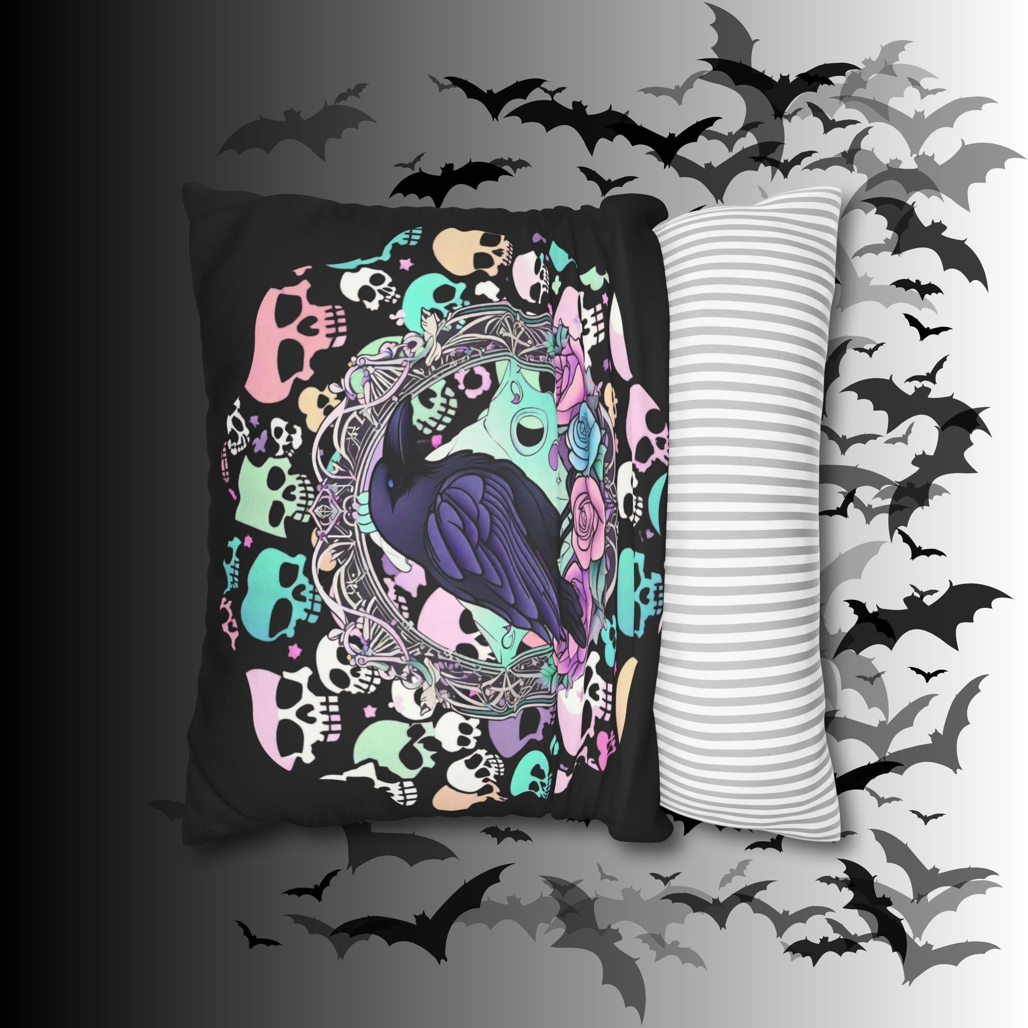 Pastel Goth Raven Skull Throw Pillow — Dark Floral Gothic Home Decor