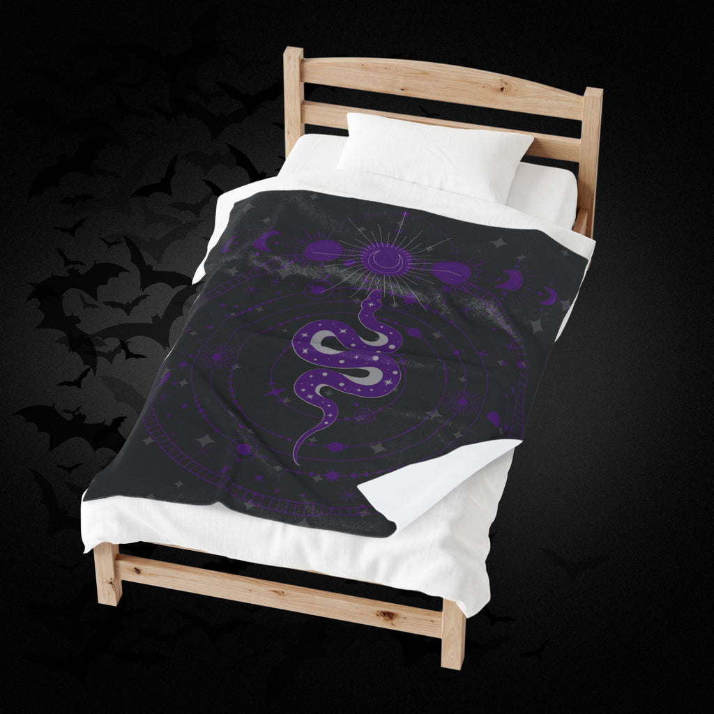 Gothic Celestial Snake Moon Phase Throw Blanket — Purple & Black Witchy Decor