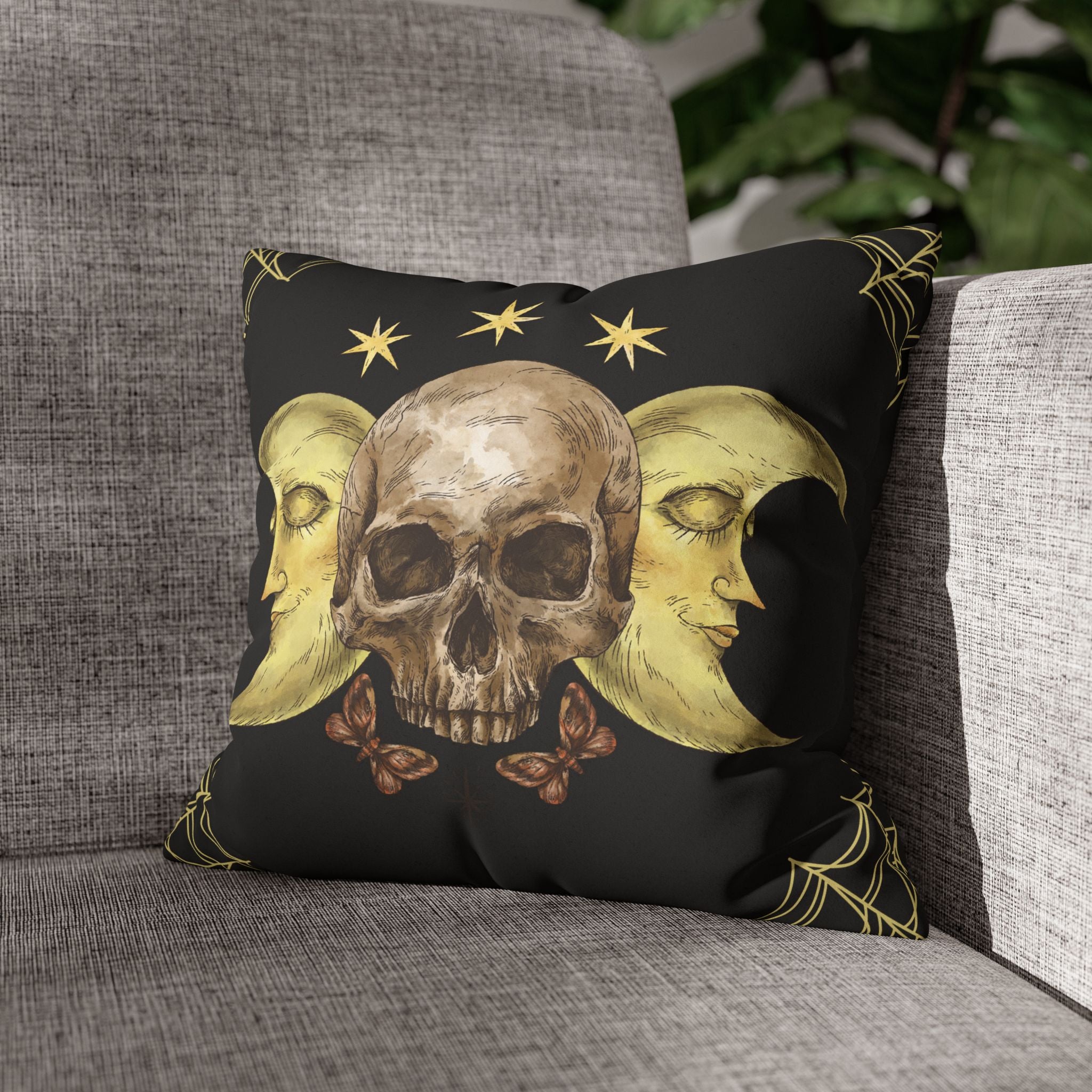 Gothic Moon Skull Throw Pillow — Celestial Dark Home Decor