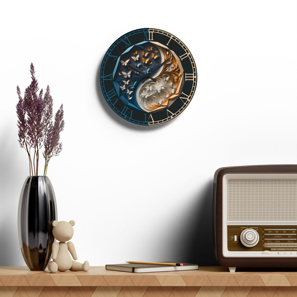 Origami Style Yin Yang Butterfly Acrylic Art Print Wall Clock Blue Gold — NOT Real Origami, Zen Home Decor