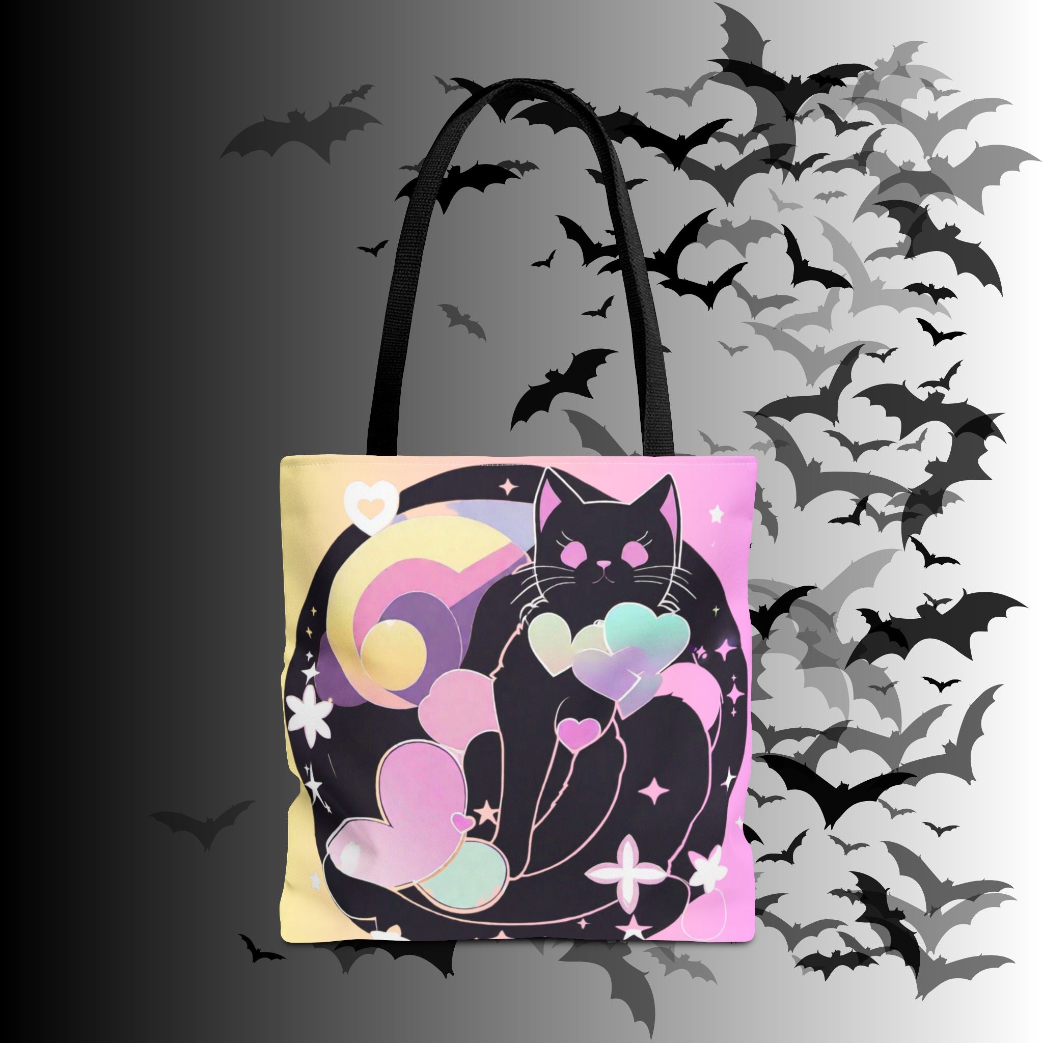 Pastel Goth Black Cat Heart Balloon Tote Bag — Kawaii Moon Print