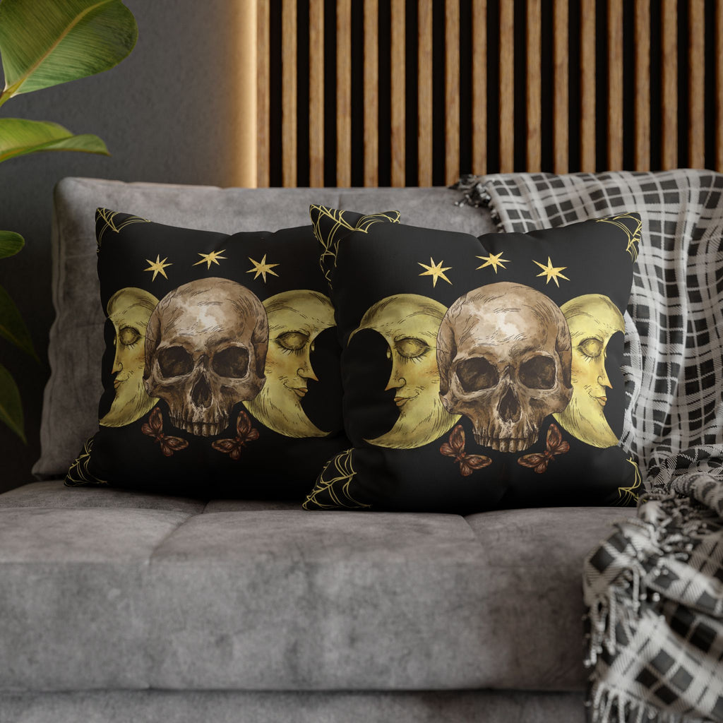 Gothic Moon Skull Throw Pillow — Celestial Dark Home Decor