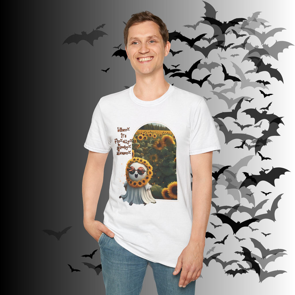 "When It's Finally Spooky Season" Ghost Sunflower T-Shirt — Halloween Tee