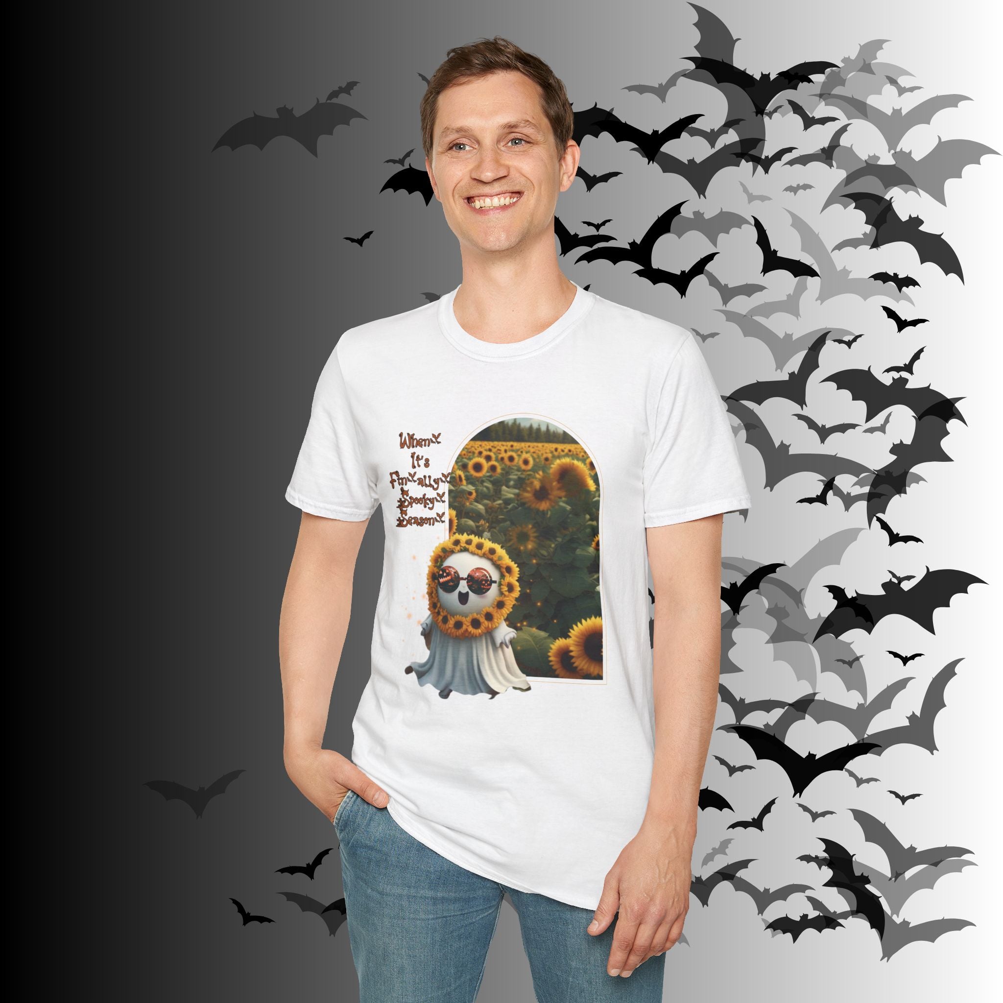 "When It's Finally Spooky Season" Ghost Sunflower T-Shirt — Halloween Tee