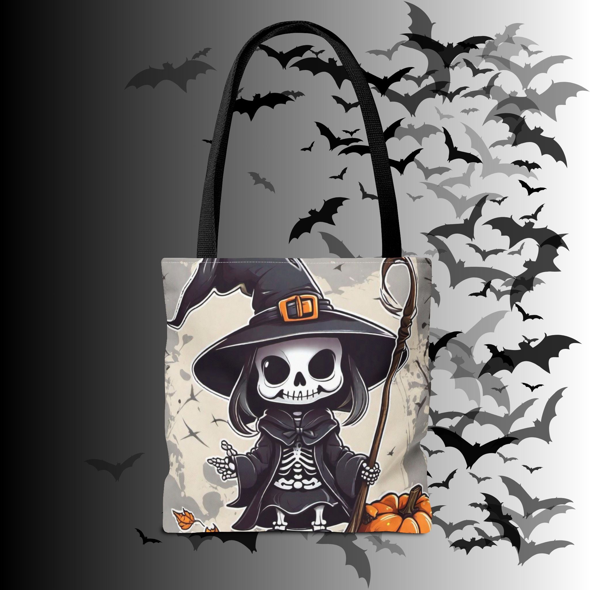 Skeleton Witch Halloween Tote Bag — Spooky Chibi Witch Print