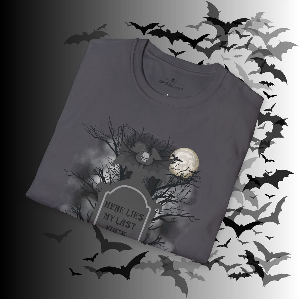 "Here Lies My Last F*ck" Gothic Gravestone T-Shirt — Spooky Humor Tee