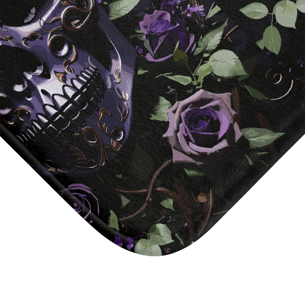 Gothic Purple Skull Bath Mat — Dark Floral Rose Bathroom Decor