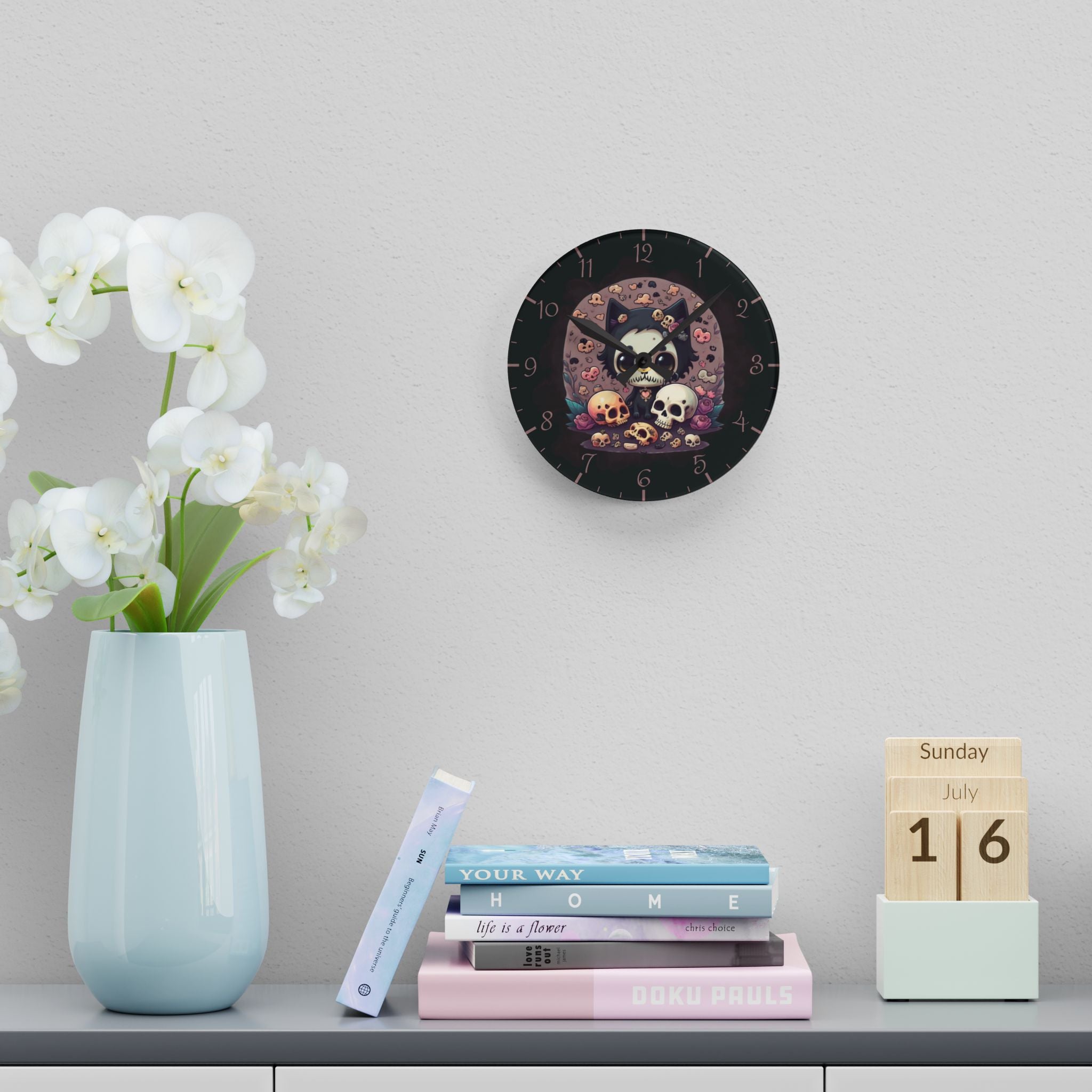 Skull Face Goth Cat Wall Clock — Pastel Goth Acrylic Art Print Home Decor