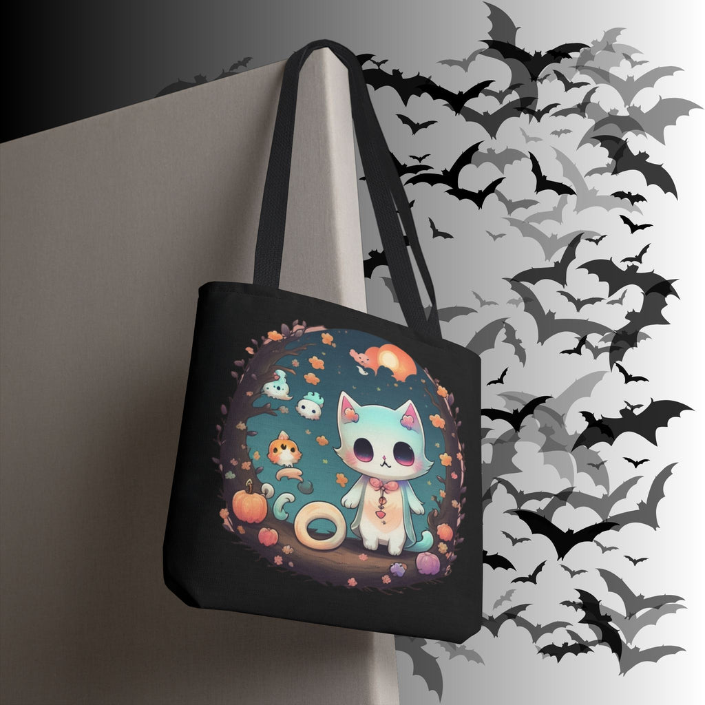 Pastel Goth Kawaii Cat Halloween Tote Bag — Moonlit Forest Scene