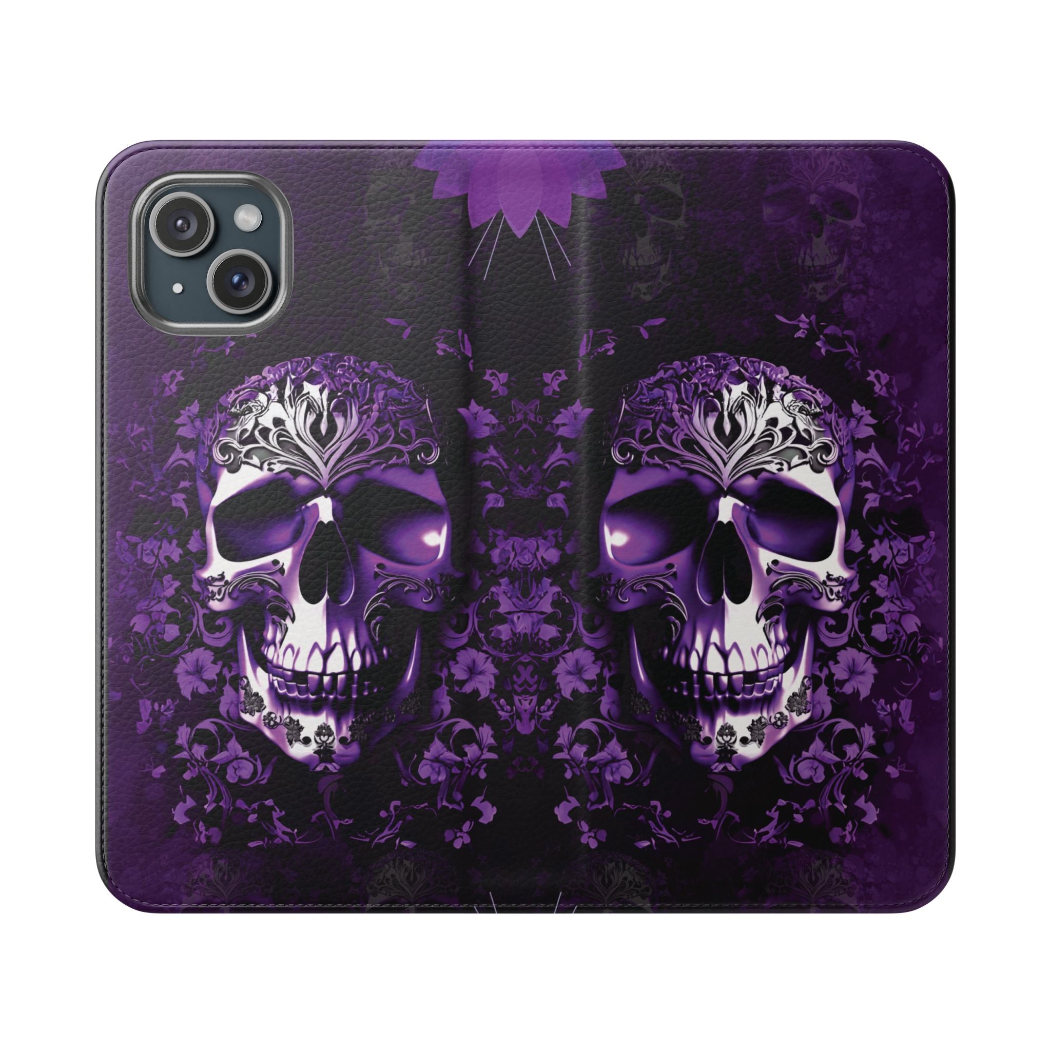 Purple Pastel Goth Skull Flip Wallet Phone Case - Skull Wallet Case for Samsung iPhone - Gothic Style Skull Wallet Phone Cases