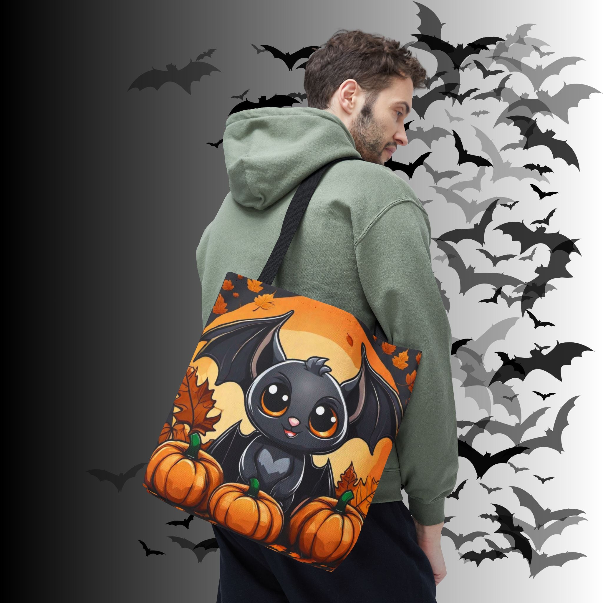 Kawaii Bat & Pumpkin Halloween Tote Bag — Autumn Full Moon Print