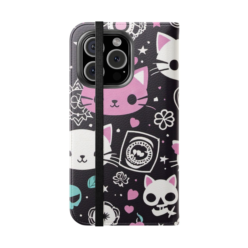 Pastel Goth Cat Flip Wallet Phone Case - Goth Cat Wallet Case for Samsung iPhone - Gothic Style Cats Wallet Phone Cases