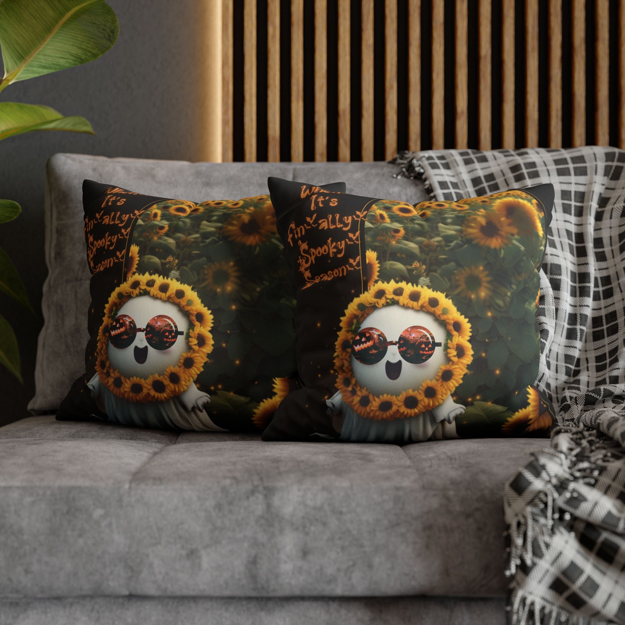 Spooky Season Ghost Sunflower Throw Pillow — Halloween Dark Home Decor