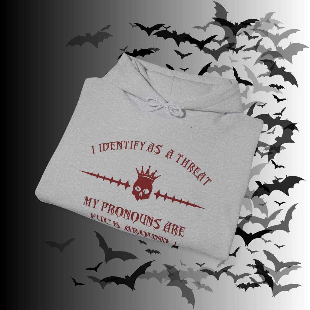I Identify As a Threat Hoodie — Gothic Skull Sleeve Print Fuck Around Find Out