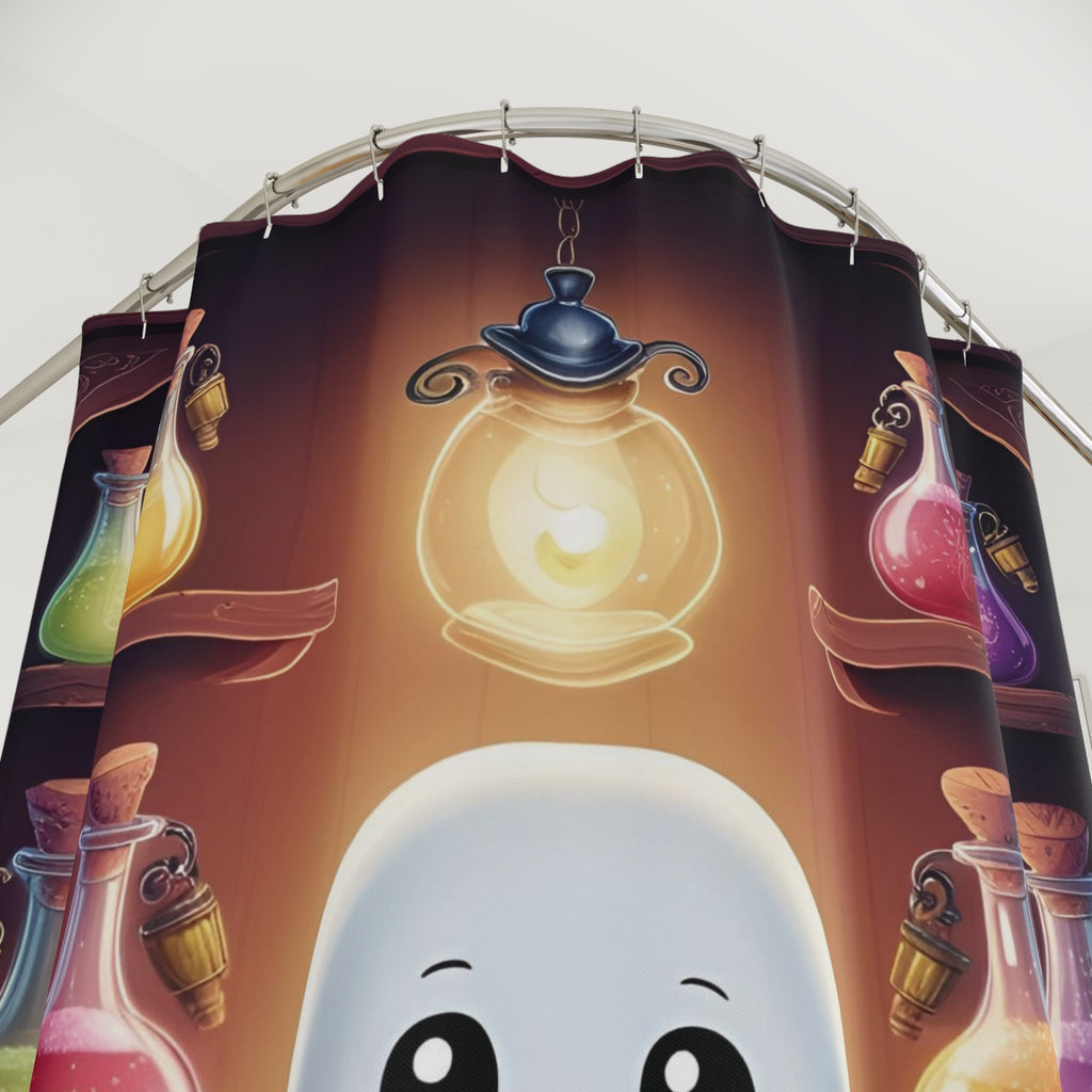 Apothecary Ghost Shower Curtain — Whimsigoth Potion Shelf Bathroom Decor