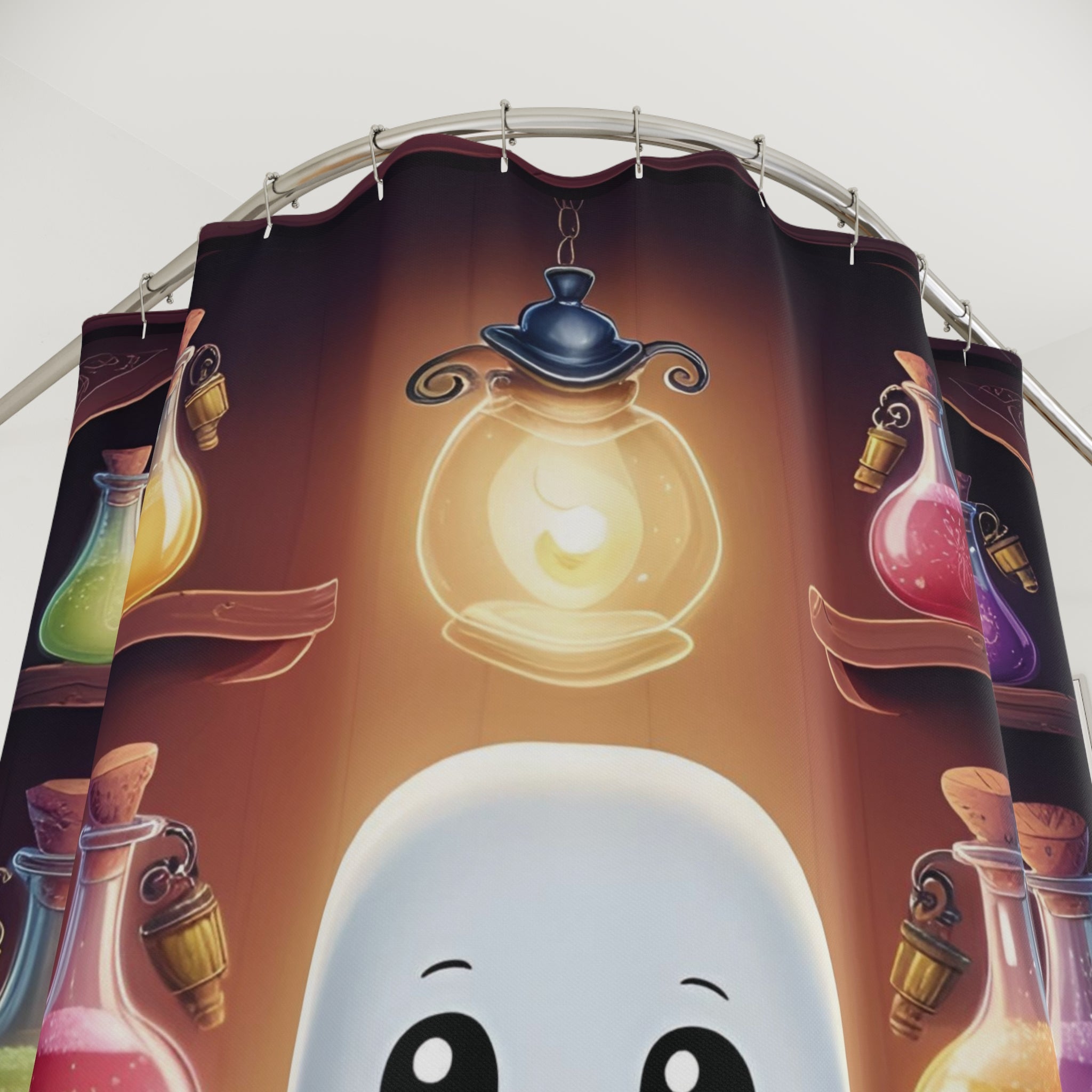 Apothecary Ghost Shower Curtain — Whimsigoth Potion Shelf Bathroom Decor