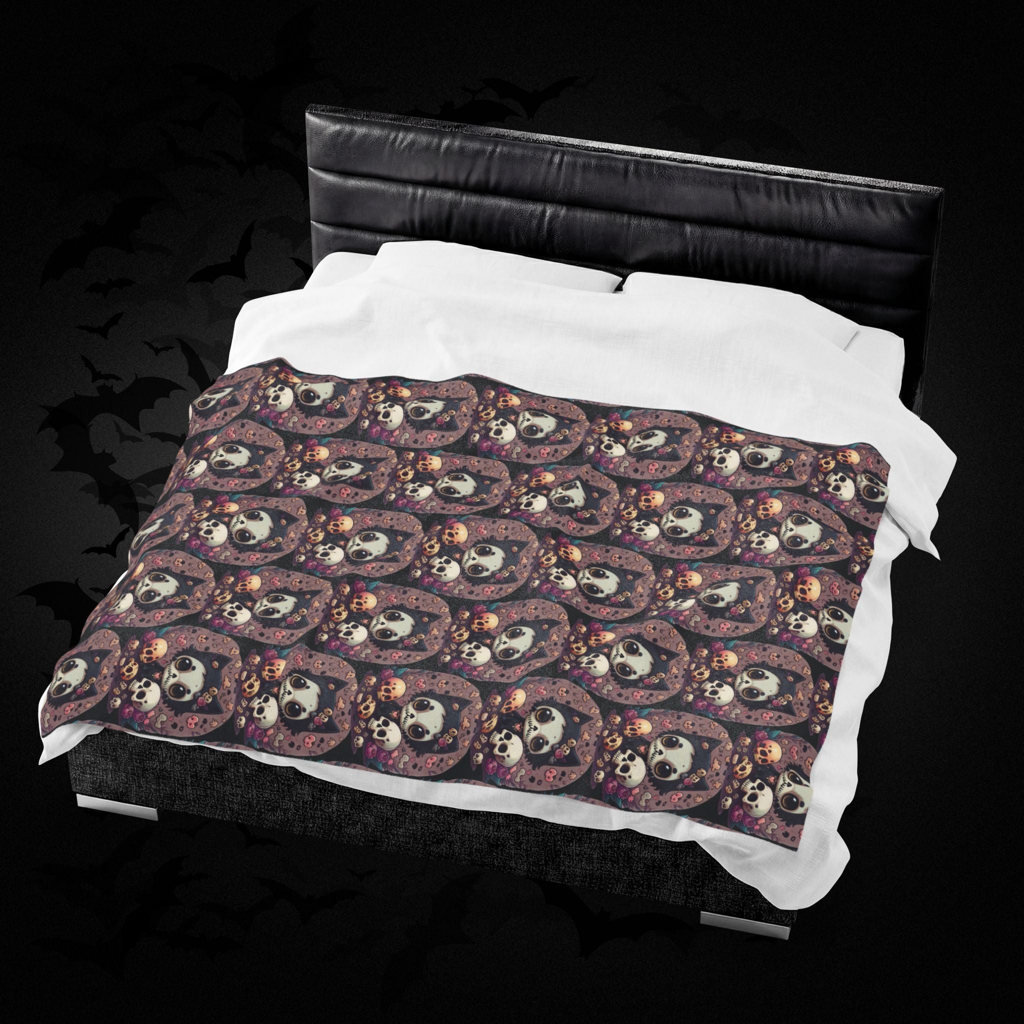 Kawaii Skull Cat Throw Blanket — Creepy Cute Gothic Home Decor