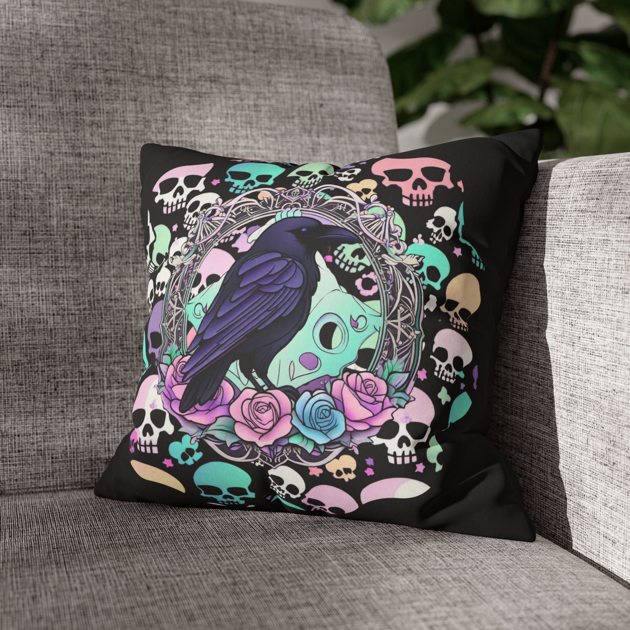 Pastel Goth Raven Skull Throw Pillow — Dark Floral Gothic Home Decor