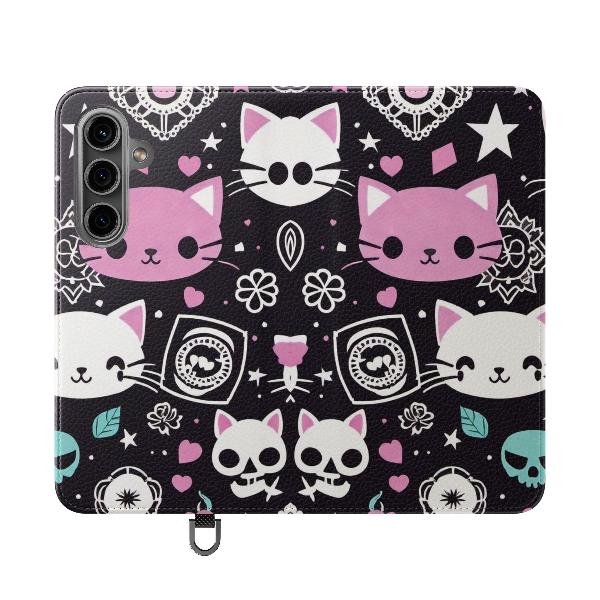 Pastel Goth Cat Flip Wallet Phone Case - Goth Cat Wallet Case for Samsung iPhone - Gothic Style Cats Wallet Phone Cases