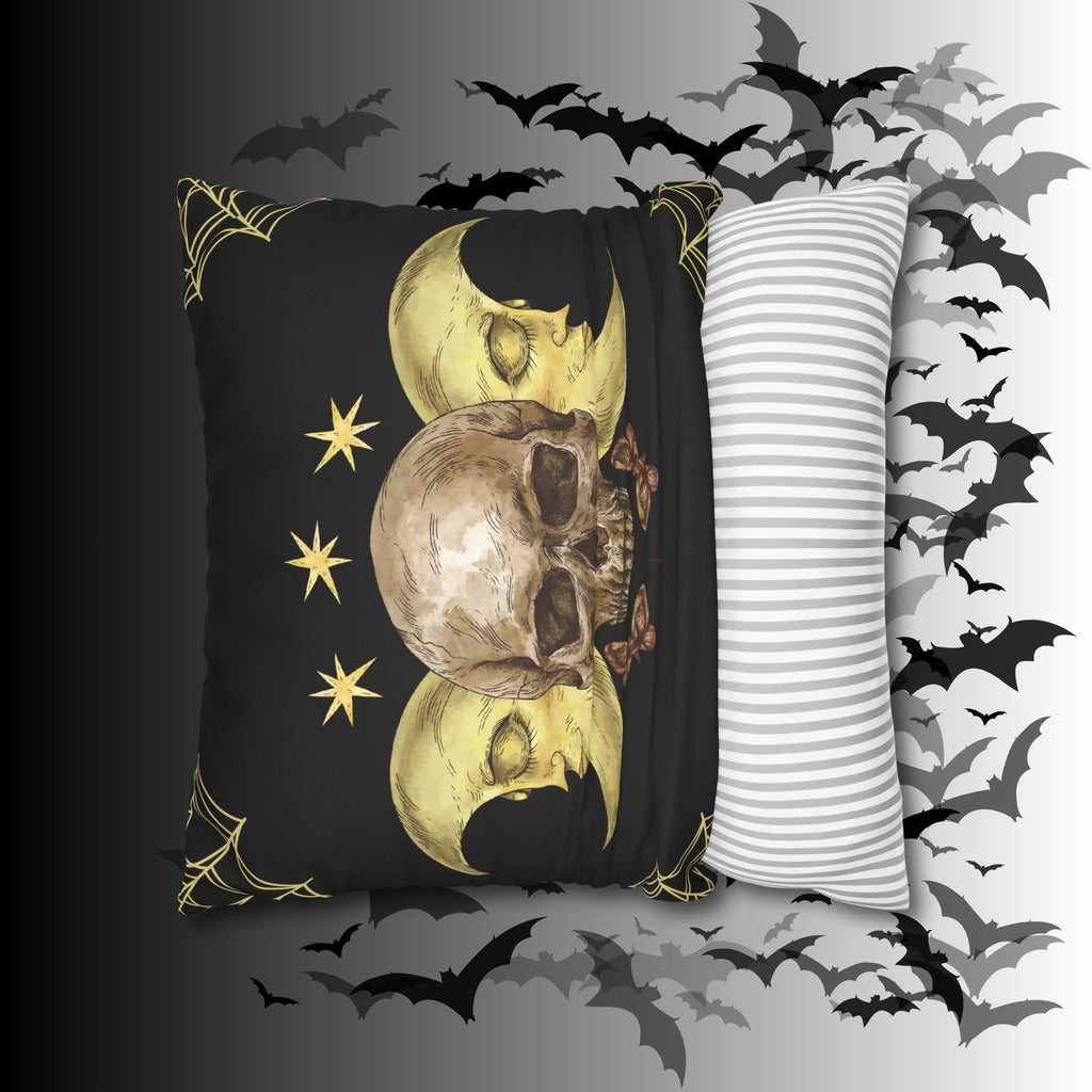 Gothic Moon Skull Throw Pillow — Celestial Dark Home Decor