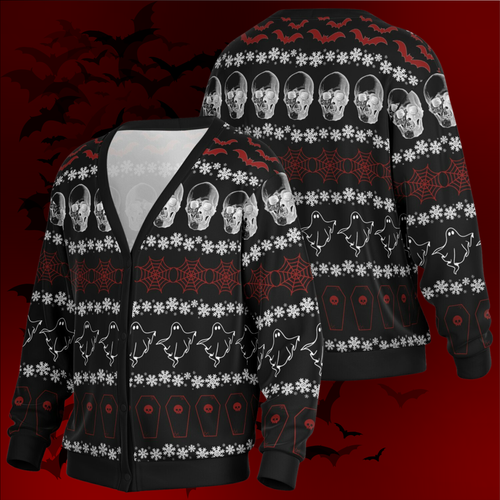 Black sweater with Halloween-themed patterns on a dark red background