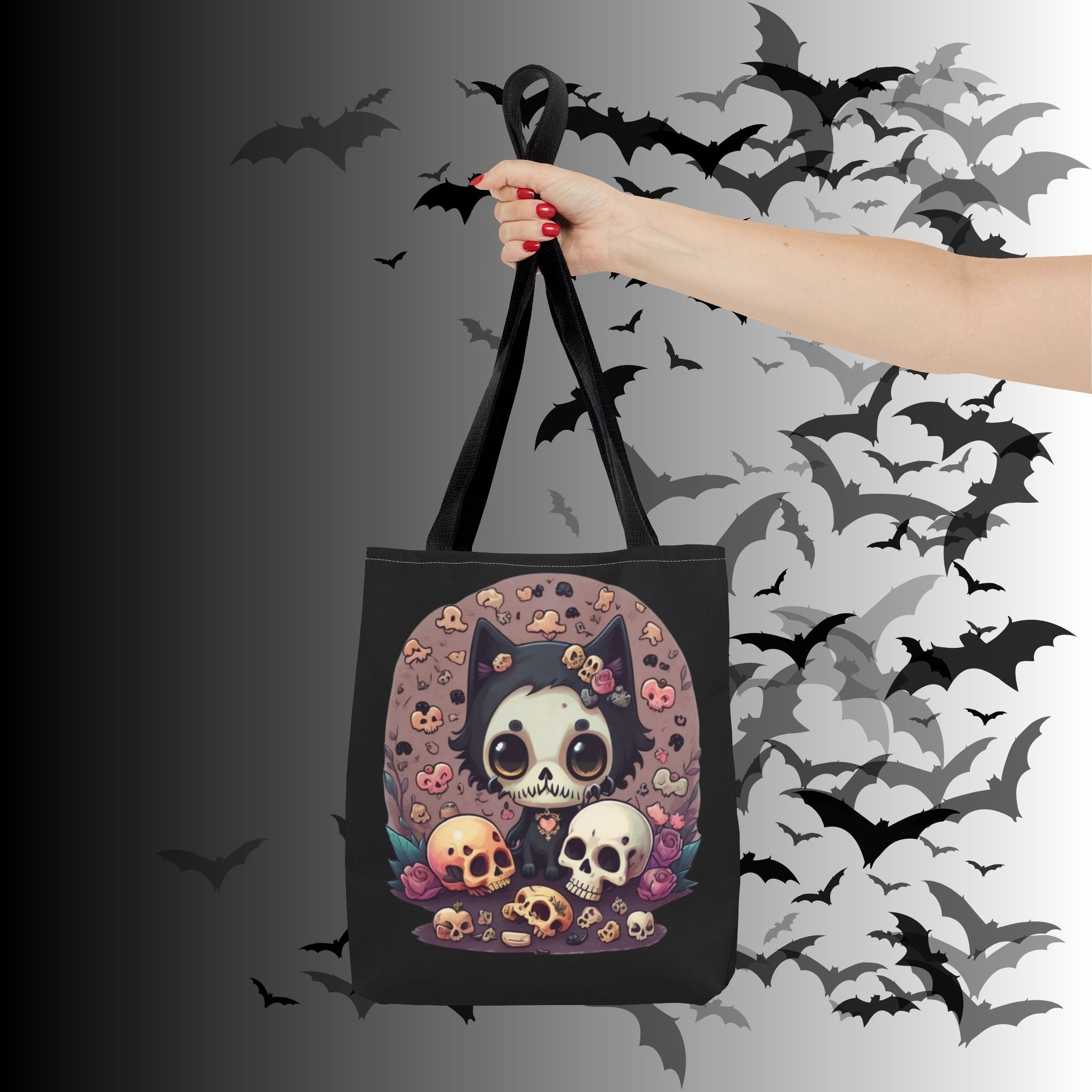 Kawaii Skull Cat Tote Bag — Gothic Cute Skull Illustration