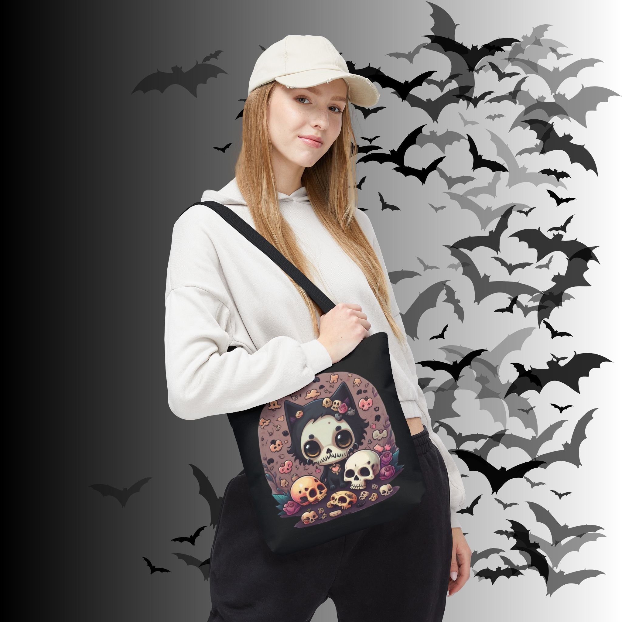 Kawaii Skull Cat Tote Bag — Gothic Cute Skull Illustration