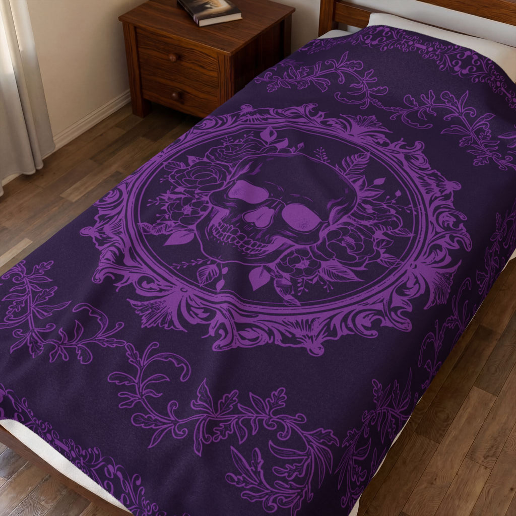 Gothic Purple Skull Botanical Throw Blanket — Tonal Dark Elegance