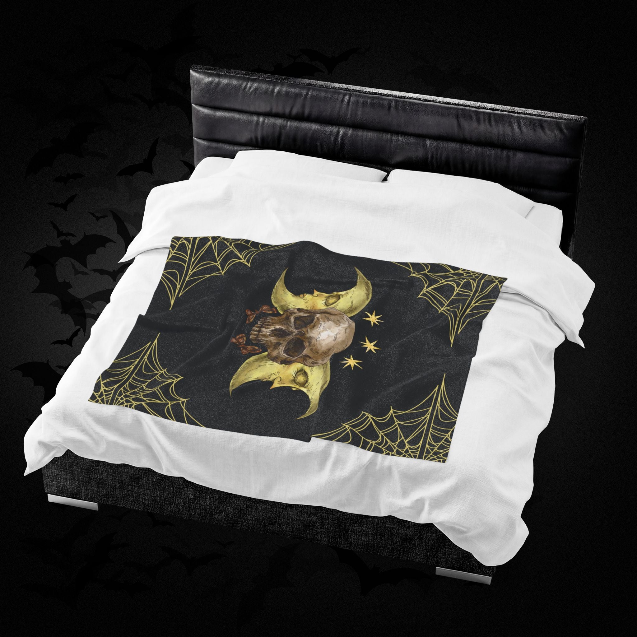 Gothic Gold Moon Skull Throw Blanket — Moonlit Halloween Home Decor