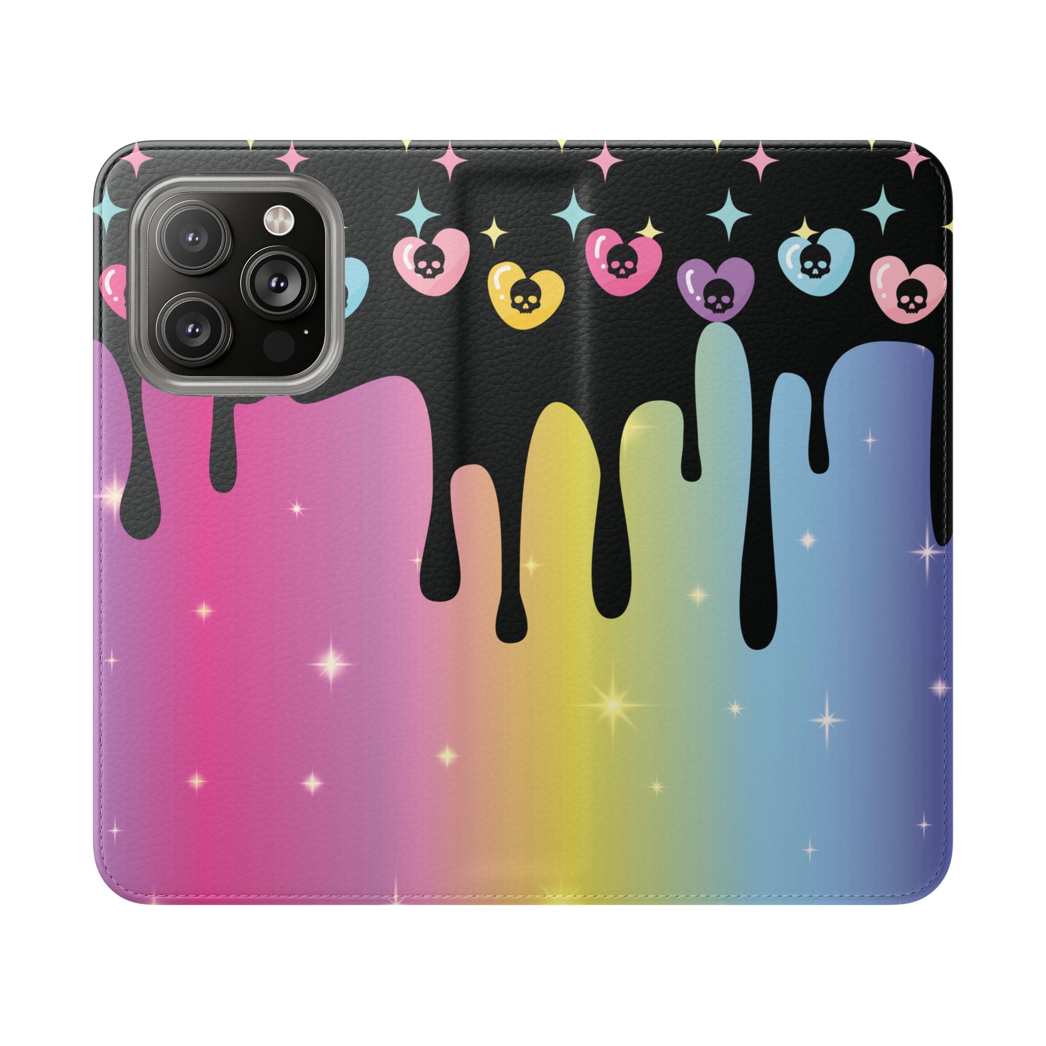 Pastel Goth Drippy Rainbow Skulls Flip Wallet Phone Case - Wallet Case for Samsung and iPhone - Gothic Style Wallet Phone Cases