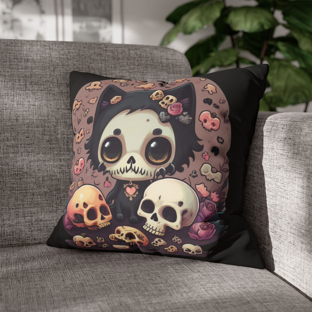 Gothic Skull Face Cat Throw Pillow — Creepy Cute Pastel Goth Home Decor