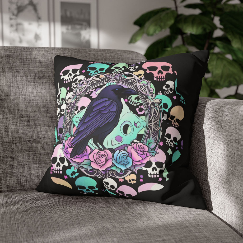 Pastel Goth Raven Skull Throw Pillow — Dark Floral Gothic Home Decor