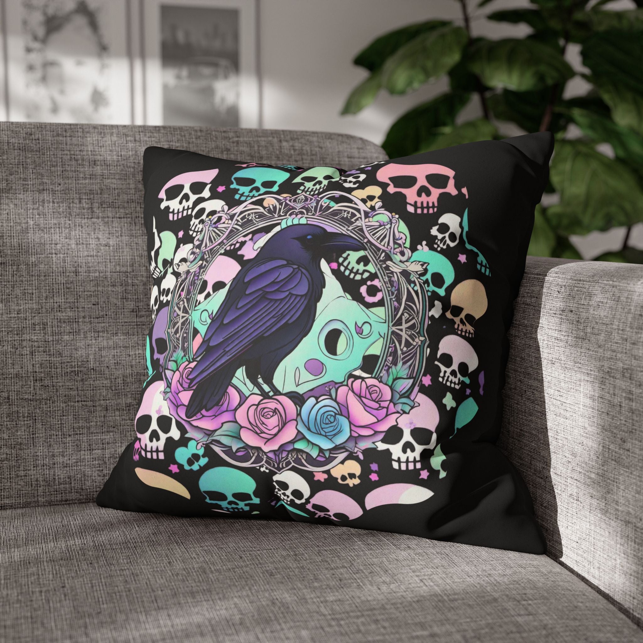 Pastel Goth Raven Skull Throw Pillow — Dark Floral Gothic Home Decor