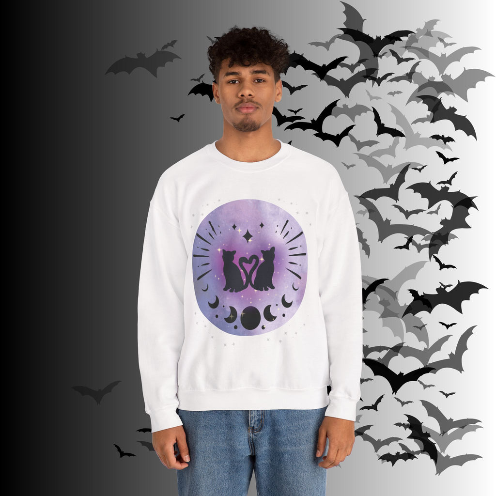 Celestial Twin Cats Heart Moon Crewneck Sweatshirt — Witchy Moon Phase