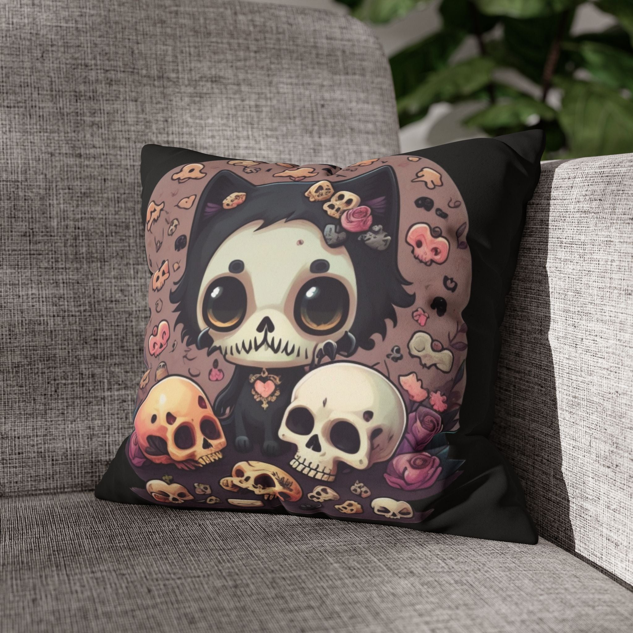 Gothic Skull Face Cat Throw Pillow — Creepy Cute Pastel Goth Home Decor