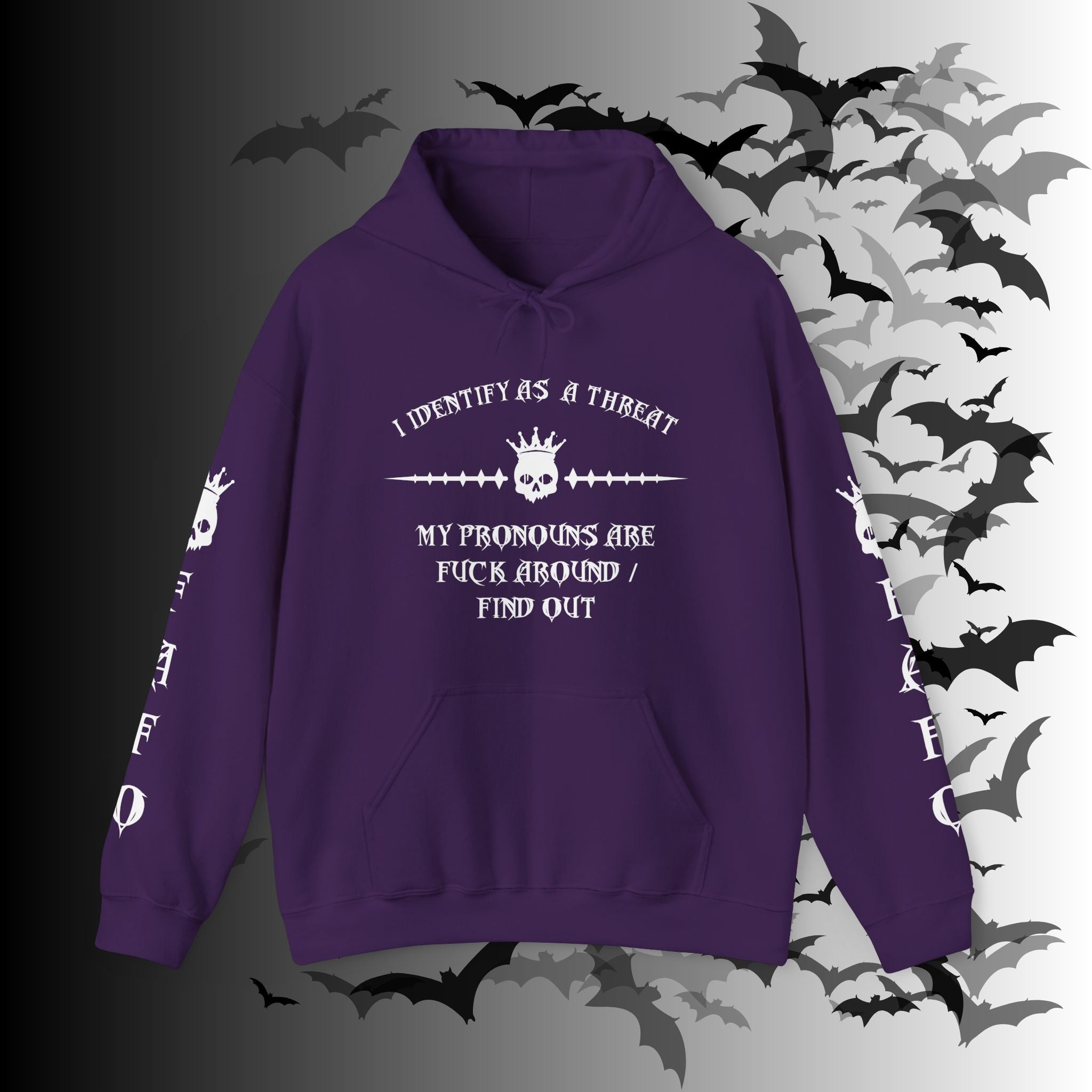 I Identify As a Threat Hoodie — Gothic Skull Sleeve Print FAFO Black