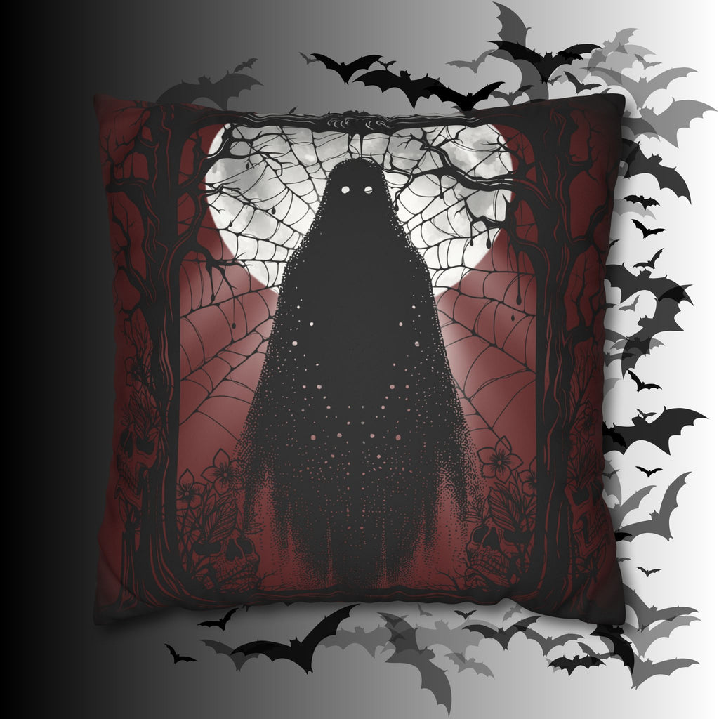 Gothic Ghost Cobweb Moon Throw Pillow — Spooky Halloween Dark Home Decor