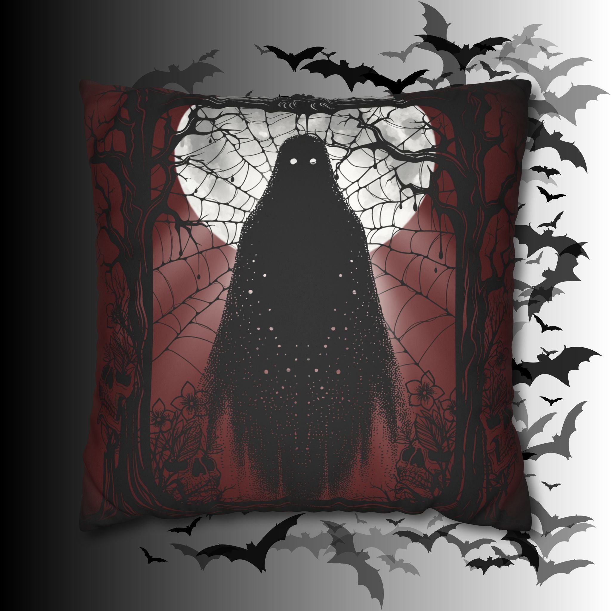 Gothic Ghost Cobweb Moon Throw Pillow — Spooky Halloween Dark Home Decor
