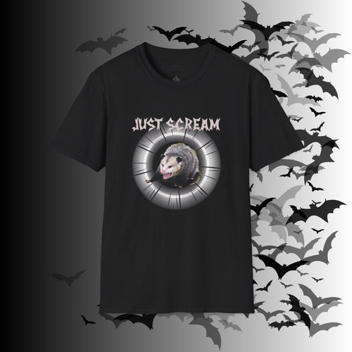Black t-shirt with photo-realistic screaming possum inside a glowing silver spotlight circle with "Just Scream" gothic metal lettering above