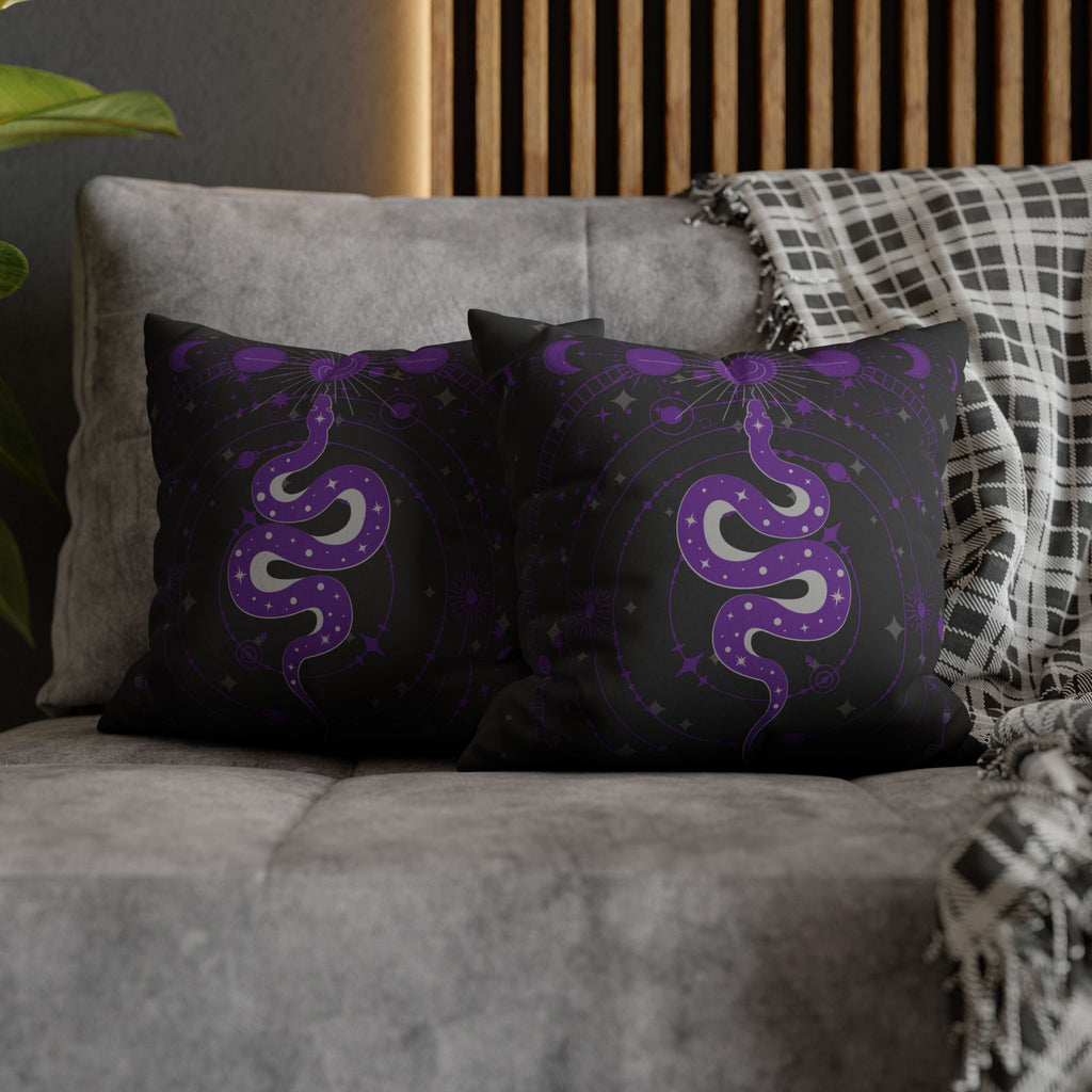 Purple Celestial Snake Moon Phases Throw Pillow — Witchy Gothic Dark Home Decor