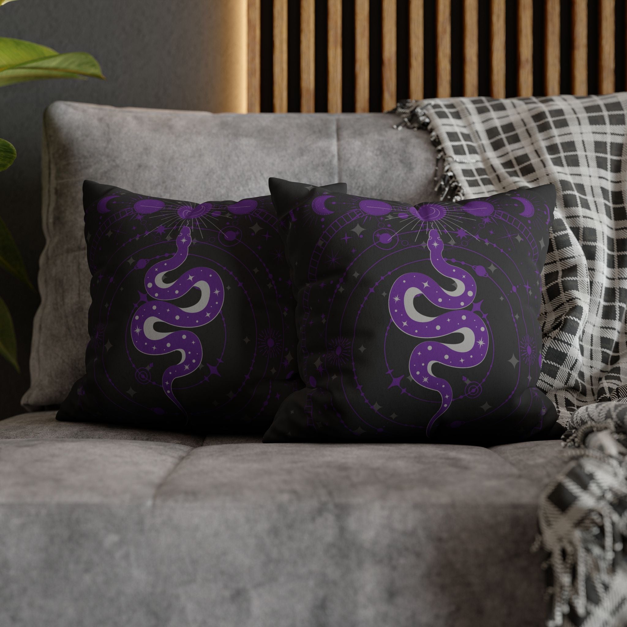 Purple Celestial Snake Moon Phases Throw Pillow — Witchy Gothic Dark Home Decor