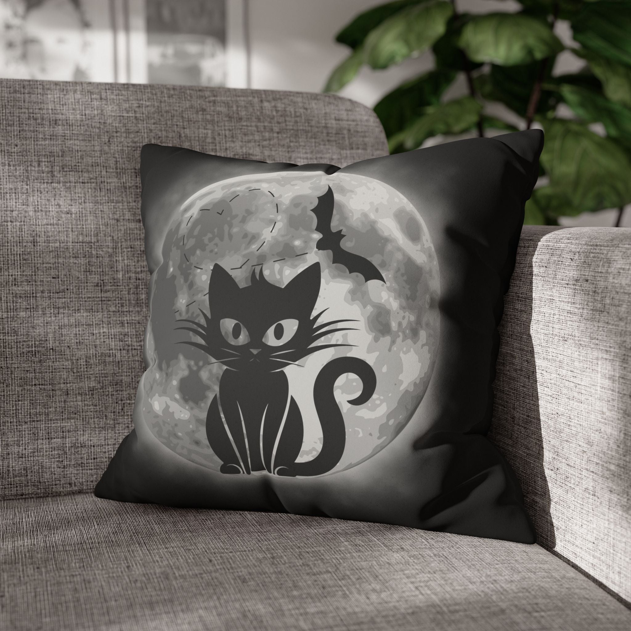 Gothic Black Cat Full Moon Throw Pillow — Bat Dark Home Decor
